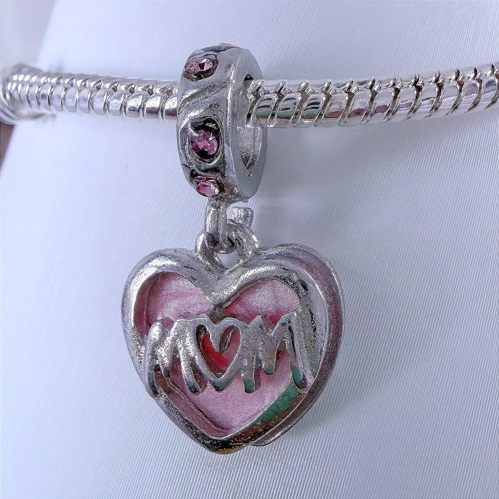 Silver Mom‎ Heart Bead Charm Fits Snake Chain Bracelet Pink Enamel Crystal